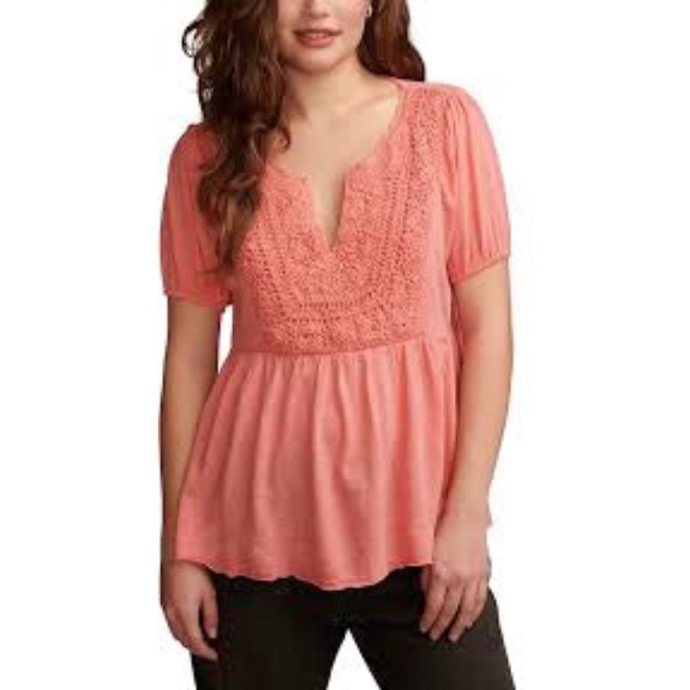 Lucky Brand Coral Pink Crochet Babydoll Top Size Large